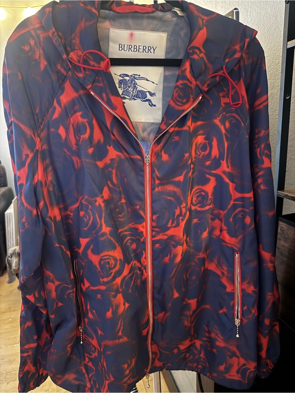 Burberry Navy & Red Rose-Print Hooded Windbreaker